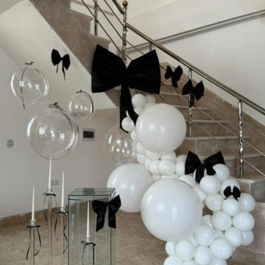 bows and pearls hen do (4) black bows balloon arch Luxury Hen Party White Pearls Black Bows