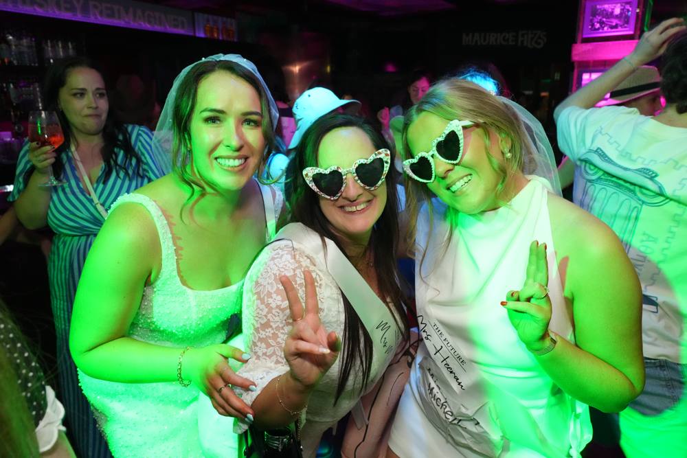 hen-party-sligo-hearts Hen party in heart-shaped sunglasses at the Garavogue, Sligo
